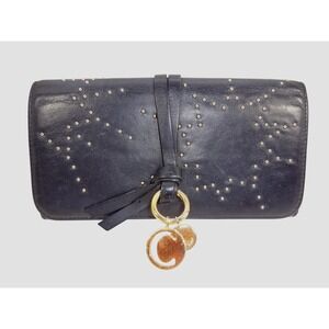 Chloe Alphabet Black Leather Studded Envelope Wallet Clutch Two Gold Bag Charms